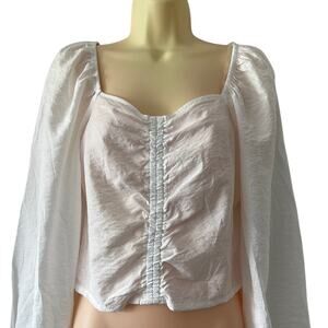 A New Day White Cropped Boho Blouse Festival Bohemian Long Sleeves Smocked